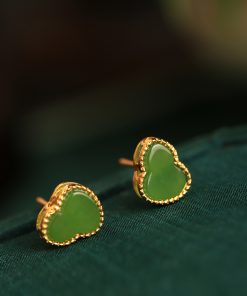 Silver Gourd Earrings for Women with Raw Jade & Jadeite Stones - Chinese Style Green Jewelry, Boho Chic Accessory