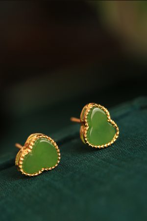 Silver Gourd Earrings for Women with Raw Jade & Jadeite Stones - Chinese Style Green Jewelry, Boho Chic Accessory