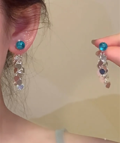 Silver Heart Sequined Tassel Earrings - Elegant Minimalist Two-Way Wear Studs for Round & Square Face Shapes, Ideal for Y2K Style