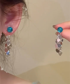 Silver Heart Sequined Tassel Earrings - Elegant Minimalist Two-Way Wear Studs for Round & Square Face Shapes, Ideal for Y2K Style