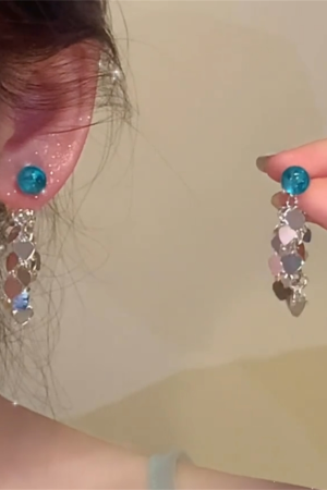 Silver Heart Sequined Tassel Earrings - Elegant Minimalist Two-Way Wear Studs for Round & Square Face Shapes, Ideal for Y2K Style