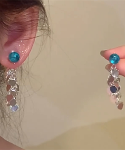 Silver Heart Sequined Tassel Earrings - Elegant Minimalist Two-Way Wear Studs for Round & Square Face Shapes, Ideal for Y2K Style