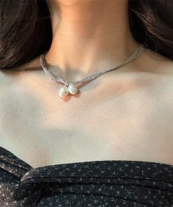 Silver Lace Chain Wrapped Necklace - Minimalist Long Layered Pearl Collar Chain for Elegant Style