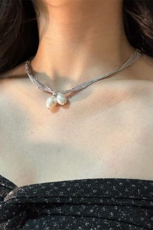 Silver Lace Chain Wrapped Necklace - Minimalist Long Layered Pearl Collar Chain for Elegant Style