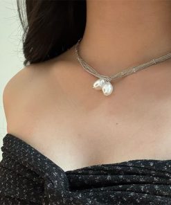 Silver Lace Chain Wrapped Necklace - Minimalist Long Layered Pearl Collar Chain for Elegant Style