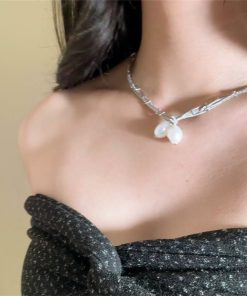 Silver Lace Chain Wrapped Necklace - Minimalist Long Layered Pearl Collar Chain for Elegant Style