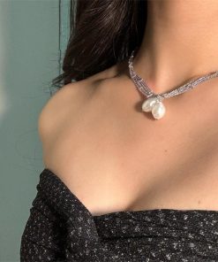 Silver Lace Chain Wrapped Necklace - Minimalist Long Layered Pearl Collar Chain for Elegant Style