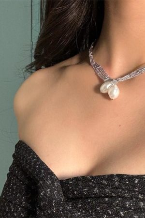 Silver Lace Chain Wrapped Necklace - Minimalist Long Layered Pearl Collar Chain for Elegant Style