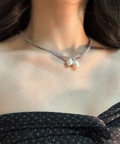Silver Lace Chain Wrapped Necklace - Minimalist Long Layered Pearl Collar Chain for Elegant Style