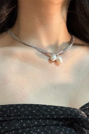 Silver Lace Chain Wrapped Necklace - Minimalist Long Layered Pearl Collar Chain for Elegant Style