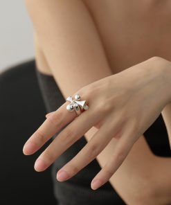 Silver-Plated Round Bead Bell Pendant Open Ring - Korean Minimalist Versatile Fashion Jewelry