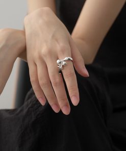 Silver-Plated Round Bead Bell Pendant Open Ring - Korean Minimalist Versatile Fashion Jewelry