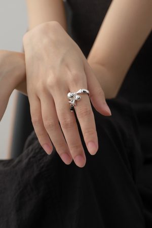 Silver-Plated Round Bead Bell Pendant Open Ring - Korean Minimalist Versatile Fashion Jewelry