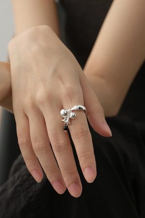 Silver-Plated Round Bead Bell Pendant Open Ring - Korean Minimalist Versatile Fashion Jewelry