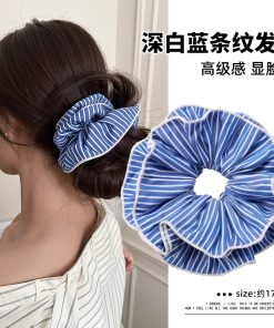 Silver Square Scarf Hair Tie for Women, Blue Striped Hair Band, Korean Style Low Ponytail Accessory, Fashion Hair Rope