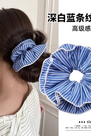 Silver Square Scarf Hair Tie for Women, Blue Striped Hair Band, Korean Style Low Ponytail Accessory, Fashion Hair Rope