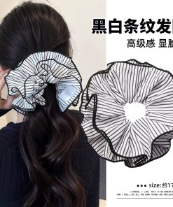 Silver Square Scarf Hair Tie for Women, Blue Striped Hair Band, Korean Style Low Ponytail Accessory, Fashion Hair Rope