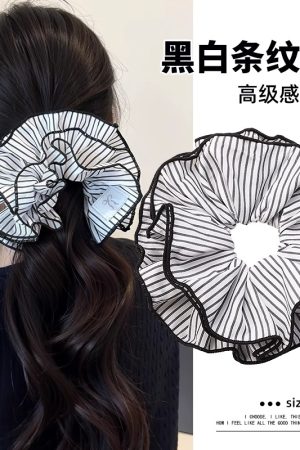 Silver Square Scarf Hair Tie for Women, Blue Striped Hair Band, Korean Style Low Ponytail Accessory, Fashion Hair Rope