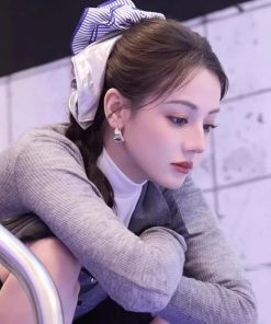 Silver Square Scarf Hair Tie for Women, Blue Striped Hair Band, Korean Style Low Ponytail Accessory, Fashion Hair Rope