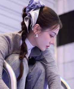 Silver Square Scarf Hair Tie for Women, Blue Striped Hair Band, Korean Style Low Ponytail Accessory, Fashion Hair Rope