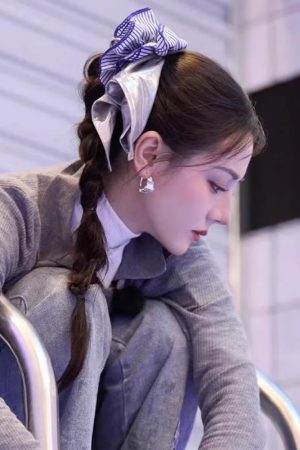 Silver Square Scarf Hair Tie for Women, Blue Striped Hair Band, Korean Style Low Ponytail Accessory, Fashion Hair Rope