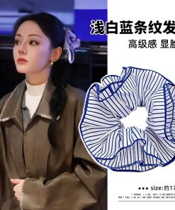 Silver Square Scarf Hair Tie for Women, Blue Striped Hair Band, Korean Style Low Ponytail Accessory, Fashion Hair Rope