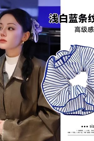 Silver Square Scarf Hair Tie for Women, Blue Striped Hair Band, Korean Style Low Ponytail Accessory, Fashion Hair Rope