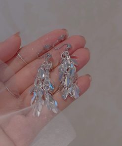 Silver Tassel Leaf Clip-On Long Earrings for Women - 2025 Trendy Light Luxury High-End Design, No Ear Holes