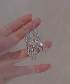 Silver Tassel Leaf Clip-On Long Earrings for Women - 2025 Trendy Light Luxury High-End Design, No Ear Holes