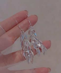 Silver Tassel Leaf Clip-On Long Earrings for Women - 2025 Trendy Light Luxury High-End Design, No Ear Holes