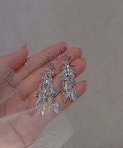 Silver Tassel Leaf Clip-On Long Earrings for Women - 2025 Trendy Light Luxury High-End Design, No Ear Holes