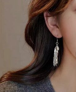 Silver Tassel Leaf Clip-On Long Earrings for Women - 2025 Trendy Light Luxury High-End Design, No Ear Holes