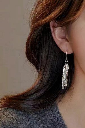 Silver Tassel Leaf Clip-On Long Earrings for Women - 2025 Trendy Light Luxury High-End Design, No Ear Holes