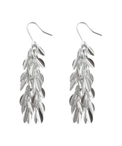 Silver Tassel Leaf Clip-On Long Earrings for Women - 2025 Trendy Light Luxury High-End Design, No Ear Holes