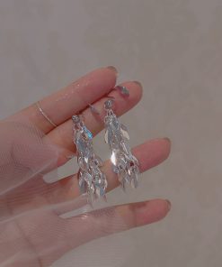 Silver Tassel Leaf Clip-On Long Earrings for Women - 2025 Trendy Light Luxury High-End Design, No Ear Holes