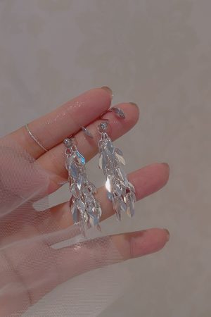 Silver Tassel Leaf Clip-On Long Earrings for Women - 2025 Trendy Light Luxury High-End Design, No Ear Holes