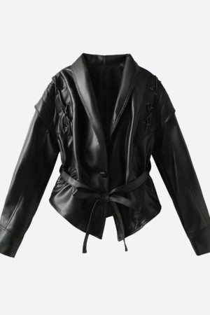 Simple Clothing Ideas, Cozy Korean Outfit - Asymmetric Faux Leather Jacket