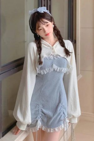 Simple Outfits For School, Mode Zara - Kawaii Mini Dress & Crop Cardigan Two Piece Set