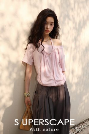 Skin-Friendly Breathable Mulberry Silk Tencel Faux Two-Piece Halter Short Sleeve T-Shirt for Effortless Chic Style