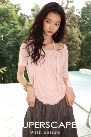 Skin-Friendly Breathable Mulberry Silk Tencel Faux Two-Piece Halter Short Sleeve T-Shirt for Effortless Chic Style