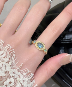 Sky Blue Gemstone Ring for Women - Japanese Style, Gold-Plated, Minimalist Design, INS Style, 2025 Trendy Niche Index Finger Ring
