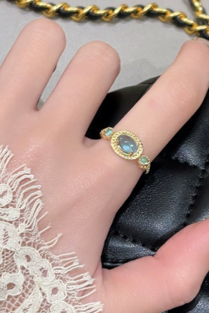 Sky Blue Gemstone Ring for Women - Japanese Style, Gold-Plated, Minimalist Design, INS Style, 2025 Trendy Niche Index Finger Ring