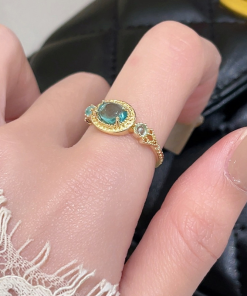 Sky Blue Gemstone Ring for Women - Japanese Style, Gold-Plated, Minimalist Design, INS Style, 2025 Trendy Niche Index Finger Ring