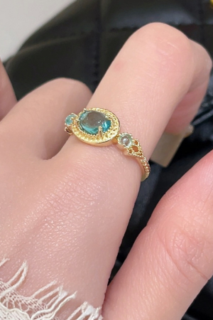 Sky Blue Gemstone Ring for Women - Japanese Style, Gold-Plated, Minimalist Design, INS Style, 2025 Trendy Niche Index Finger Ring