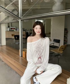 Slanted Shoulder Drawstring Long Sleeve T-Shirt for Women - Lightweight Sun Protection Top, Trendy 2025 Style, Casual Loose Fit