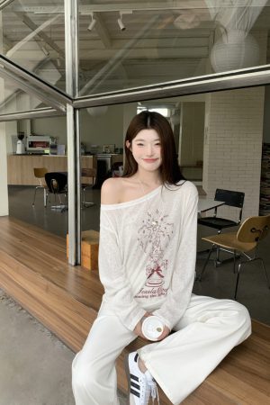 Slanted Shoulder Drawstring Long Sleeve T-Shirt for Women - Lightweight Sun Protection Top, Trendy 2025 Style, Casual Loose Fit