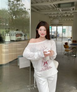 Slanted Shoulder Drawstring Long Sleeve T-Shirt for Women - Lightweight Sun Protection Top, Trendy 2025 Style, Casual Loose Fit