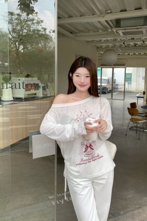Slanted Shoulder Drawstring Long Sleeve T-Shirt for Women - Lightweight Sun Protection Top, Trendy 2025 Style, Casual Loose Fit