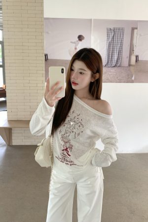 Slanted Shoulder Drawstring Long Sleeve T-Shirt for Women - Lightweight Sun Protection Top, Trendy 2025 Style, Casual Loose Fit