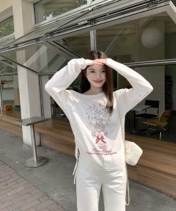 Slanted Shoulder Drawstring Long Sleeve T-Shirt for Women - Lightweight Sun Protection Top, Trendy 2025 Style, Casual Loose Fit